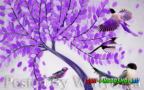 3D psd models modern beautiful hand painted embossed fortune tree bird tv background wall