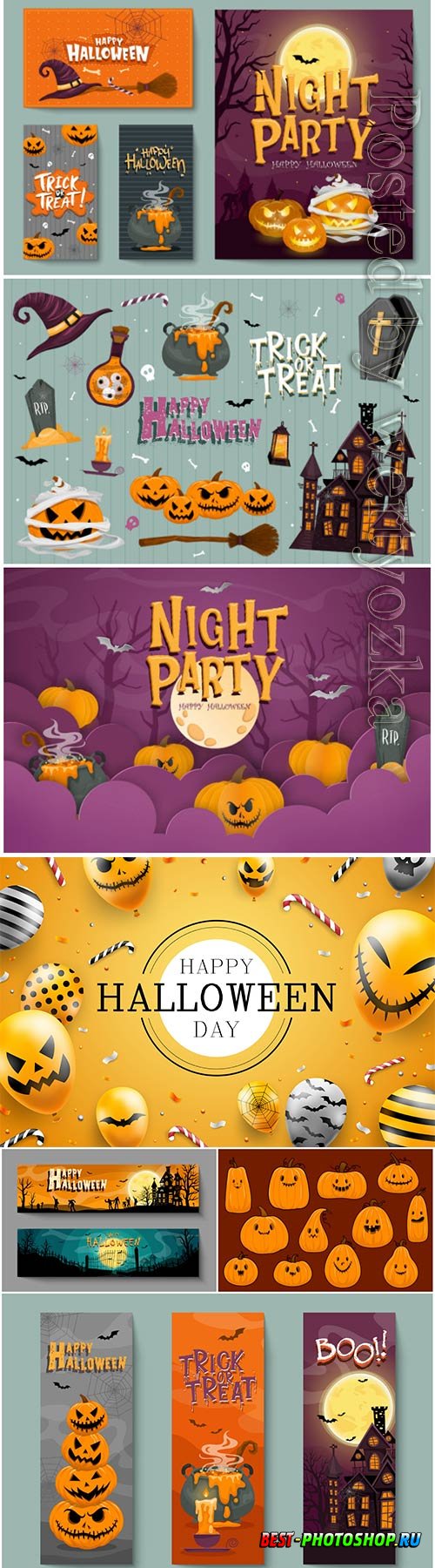 Vector set of halloween party invitations or greeting cards