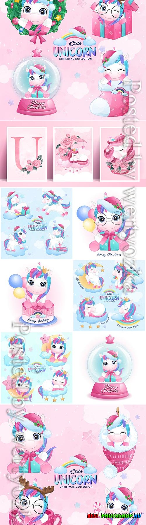 Cute doodle unicorn vector set in watercolor style