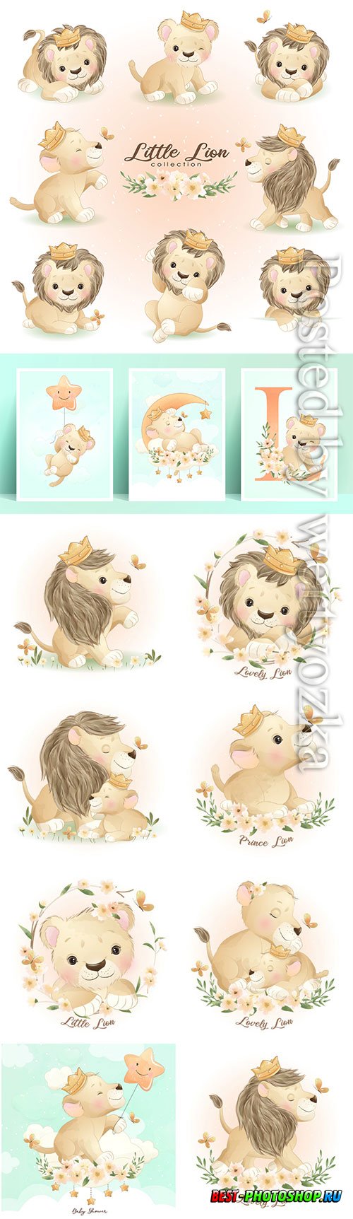Cute doodle lion poses with floral vector illustration