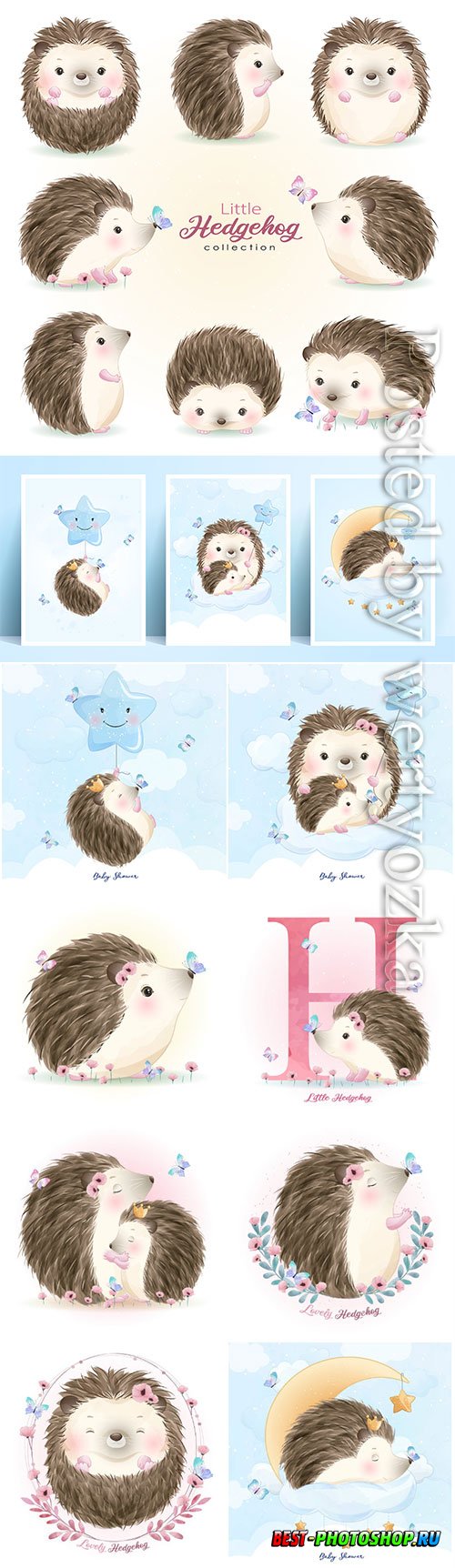 Cute doodle hedgehog set with watercolor vector illustration