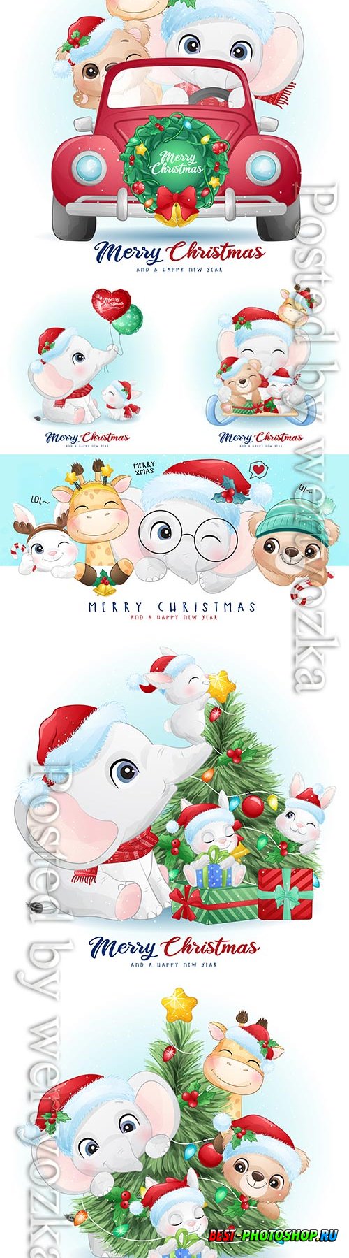 Cute doodle animals for christmas day with watercolor vector illustration