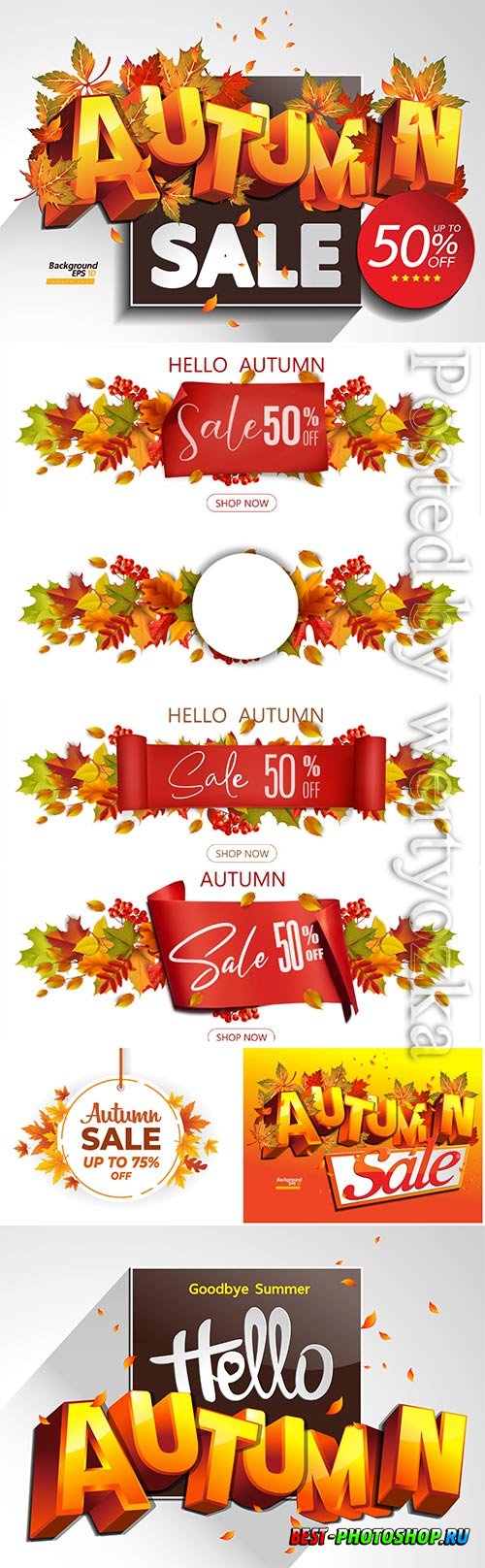 Autumn banner vector template with colorful autumn leaves