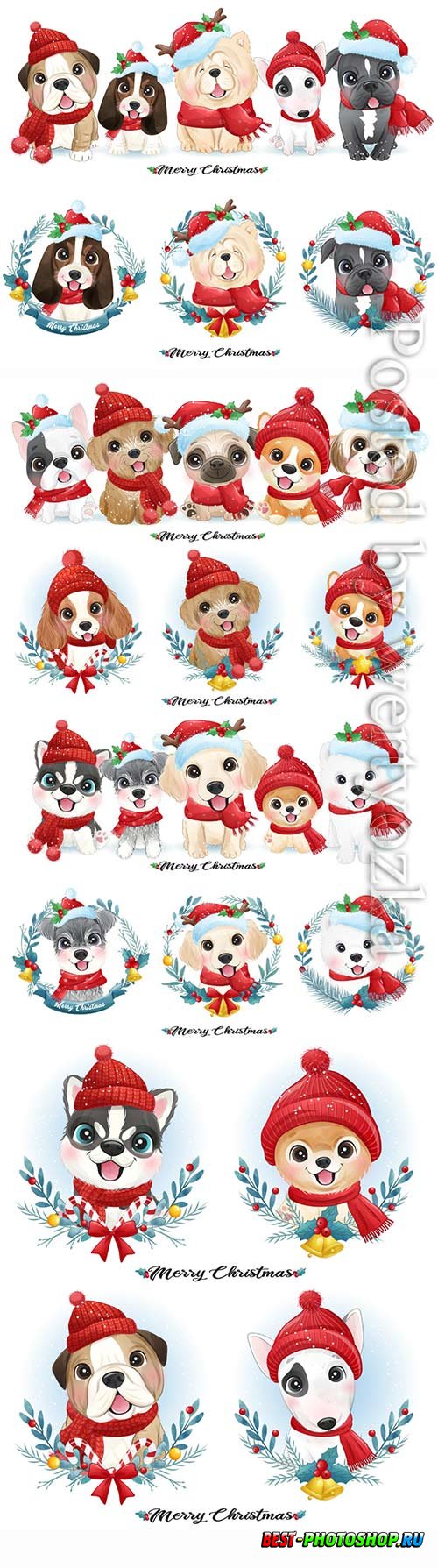 Cute doodle puppy for christmas with watercolor vector illustration