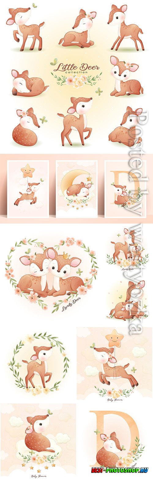 Cute doodle deer with floral set vector illustration