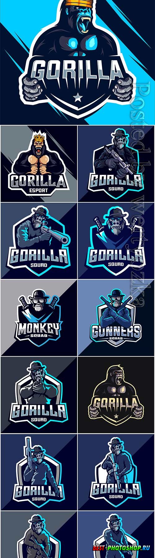 Gorilla squad esport logo design premium vector