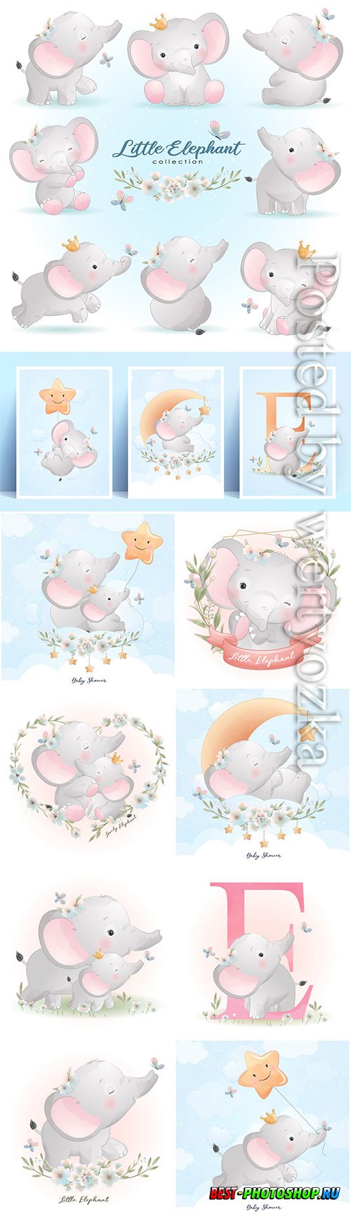 Cute doodle elephant poses with floral illustration premium vector