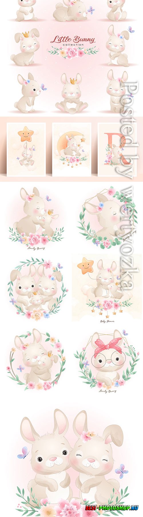 Cute doodle bunny poses with floral illustration premium vector