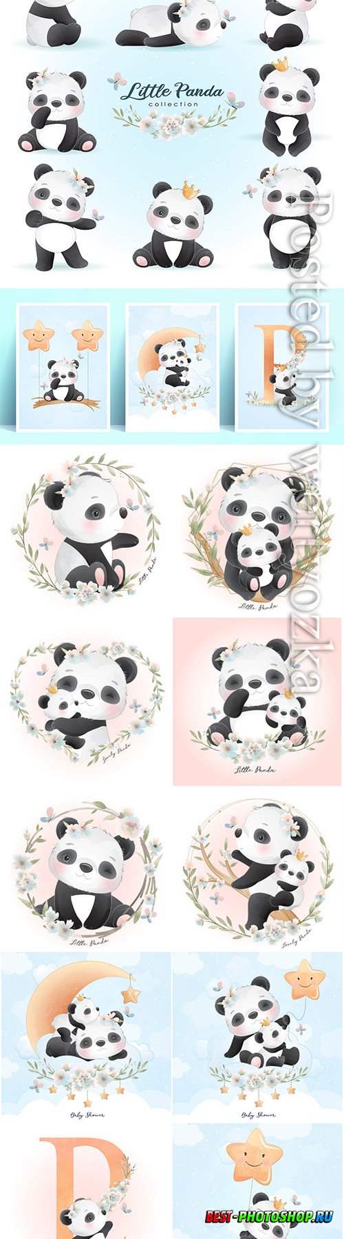 Cute panda with floral illustration premium vector