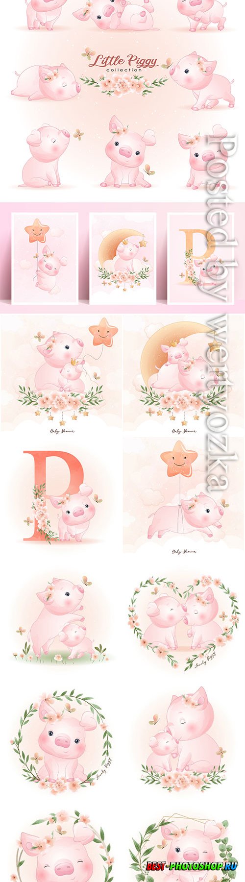 Cute doodle piggy poses with floral illustration premium vector