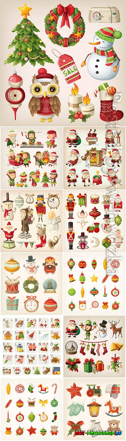 Set of christmas items and vector characters