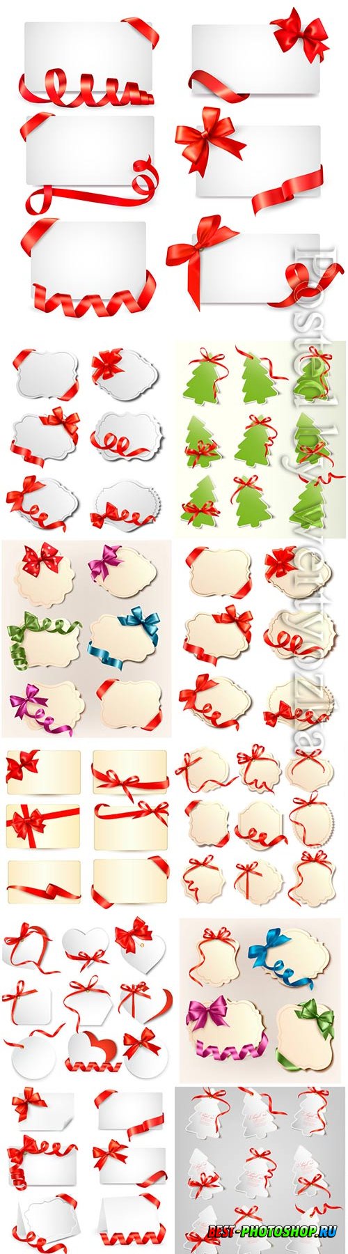 Set of gift vector cards with colorful gift bows with ribbons