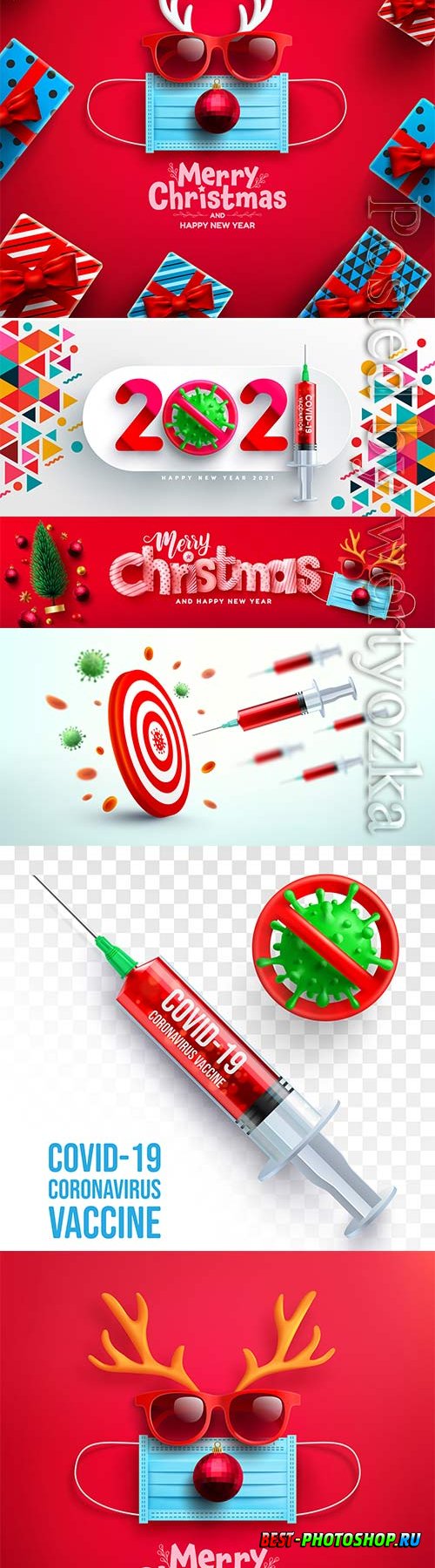 Happy new year with virus and red covid vaccine syringe, pandemic concept