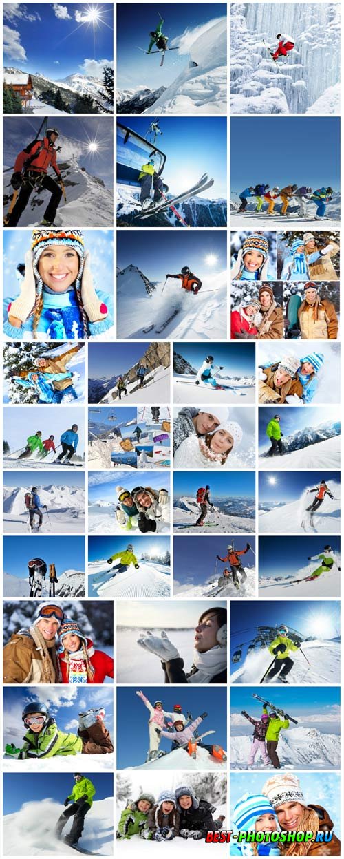 People skiing and snowboarding in the mountains stock photo
