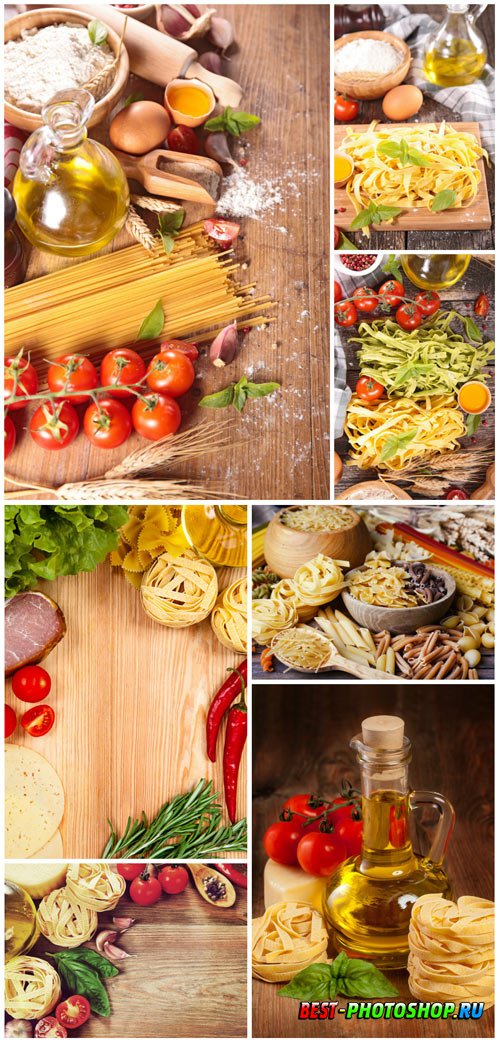 Pasta, tomatoes, eggs and herbs stock photo