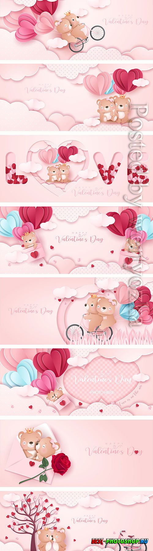 Cute doodle bear for valentines day in paper style banner