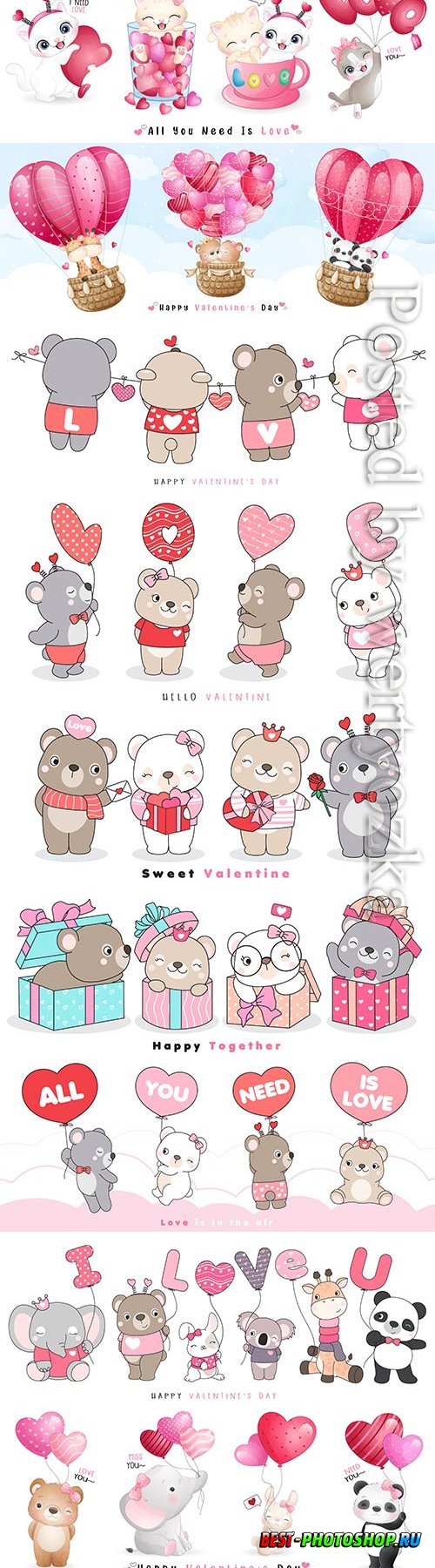 Cute funny doodle animals for valentine's day illustration