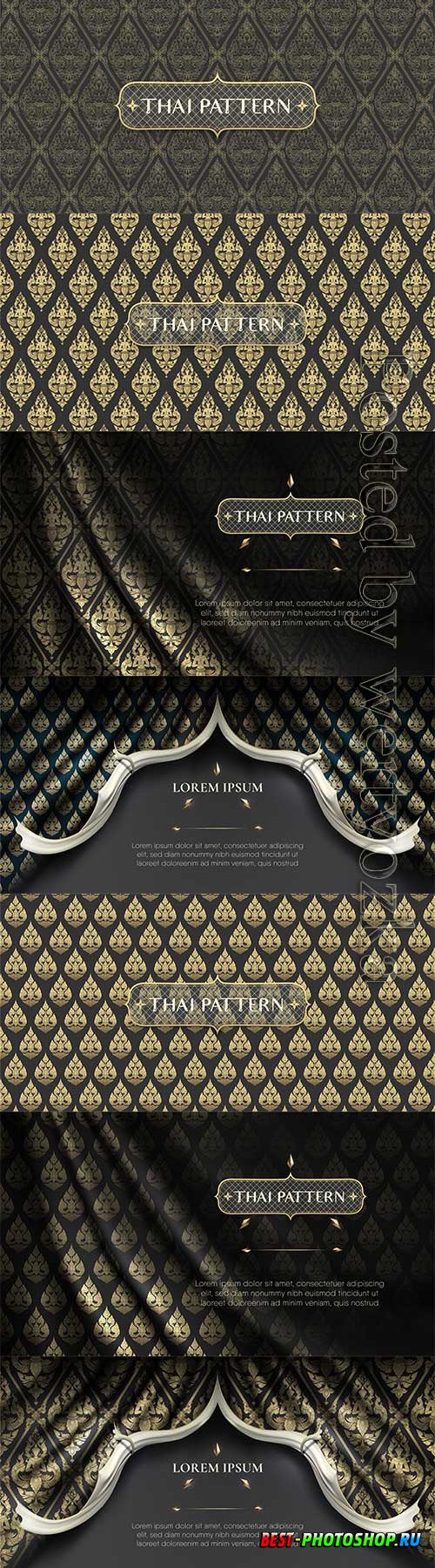 Traditional hand drawn black and gold thai flower pattern background