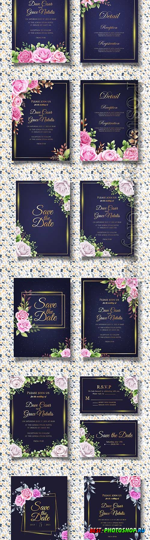 Floral wedding invitation vector template