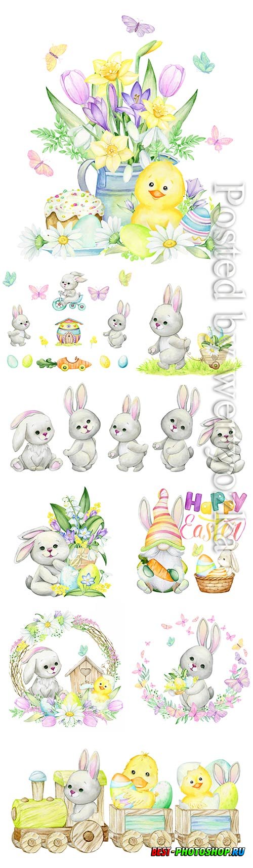 Rabbits, bicycle, easter eggs, butterflies, house, car, plant watercolor set of elements