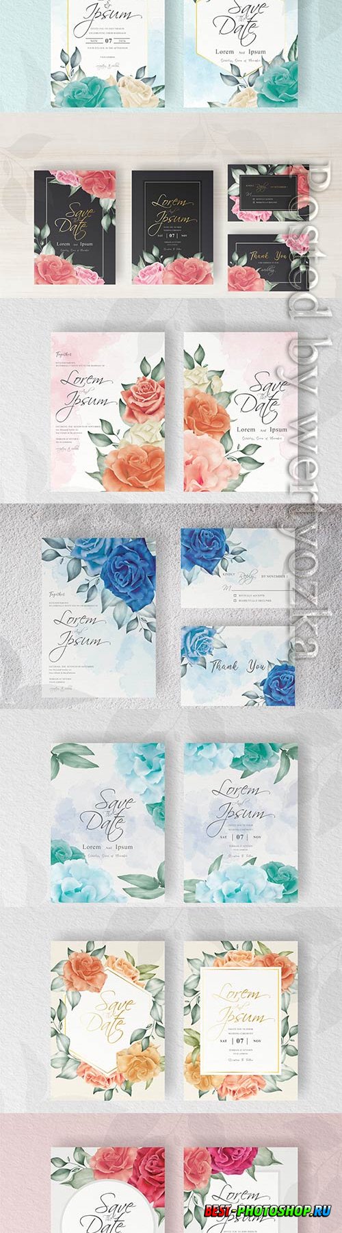 Elegant wedding invitation card template with hand painted floral and leaves
