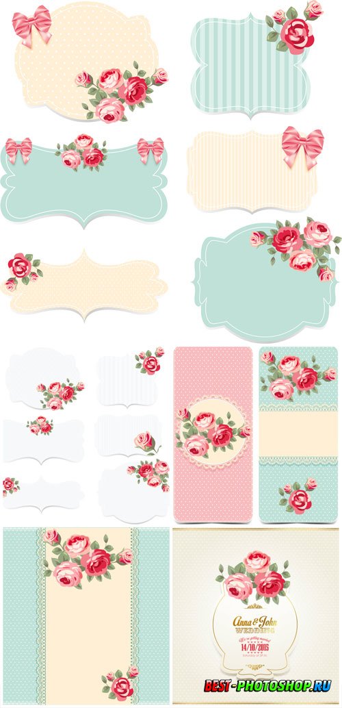 Backgrounds and elements with flowers for wedding invitations in vector