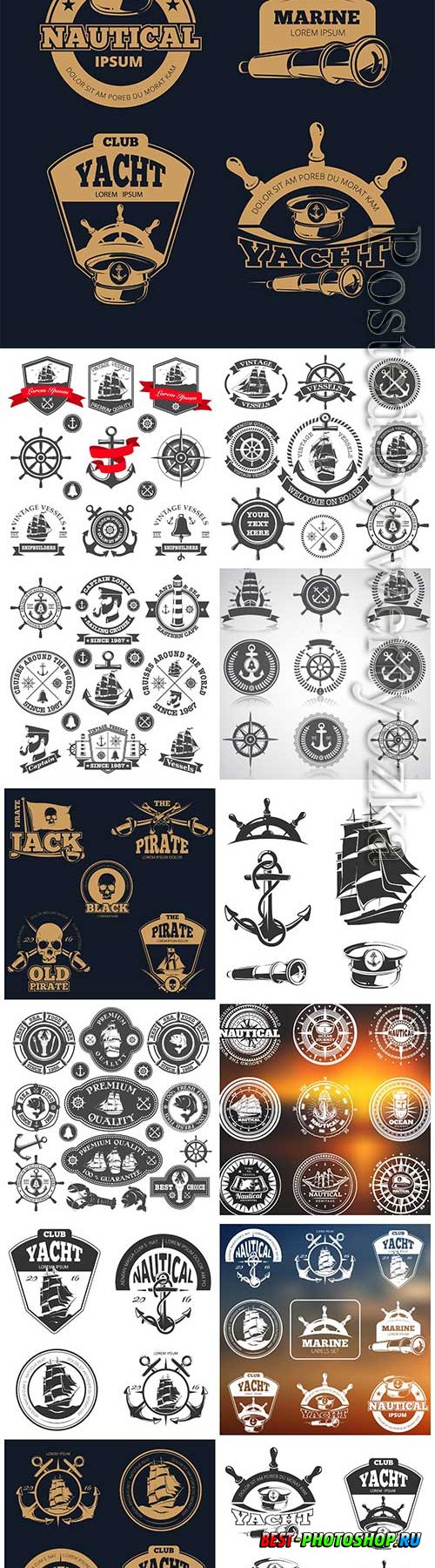 Set of nautical emblems, labels and esignaed elements