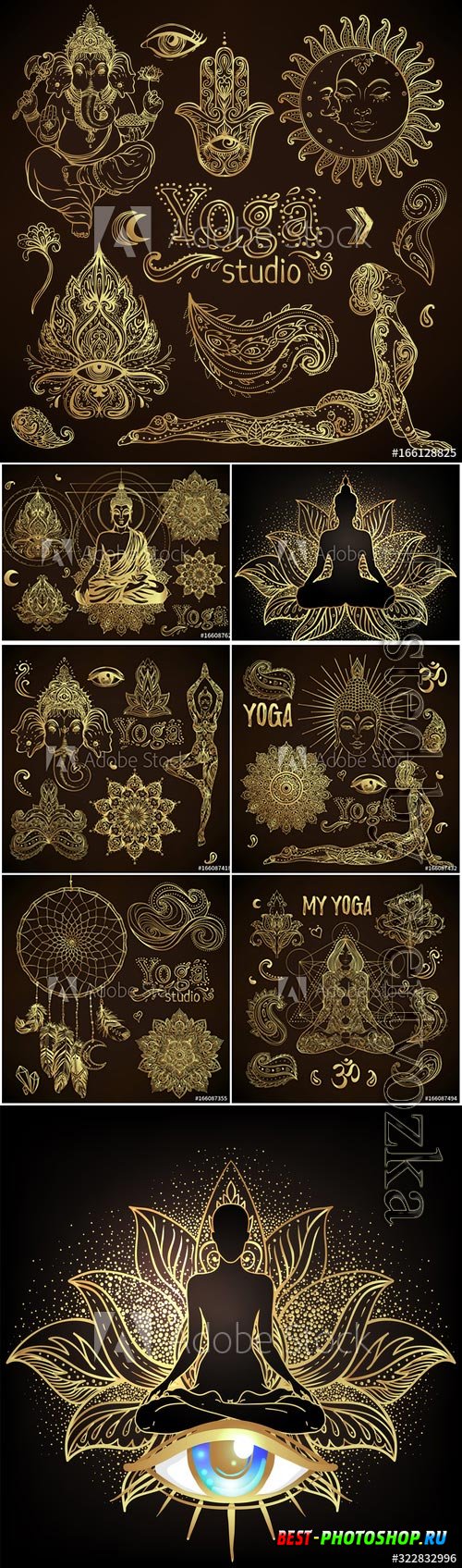 Yoga, meditation vector illustration set, hindu paisley motifs, Buddha silhouette