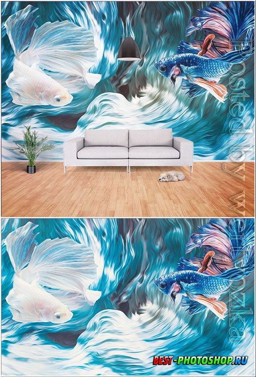 3d creative siamese fighting fish, psd painting room wall