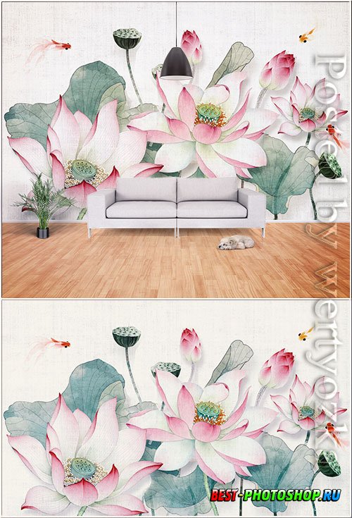 New chinese 3d lotus flower blooming background wall