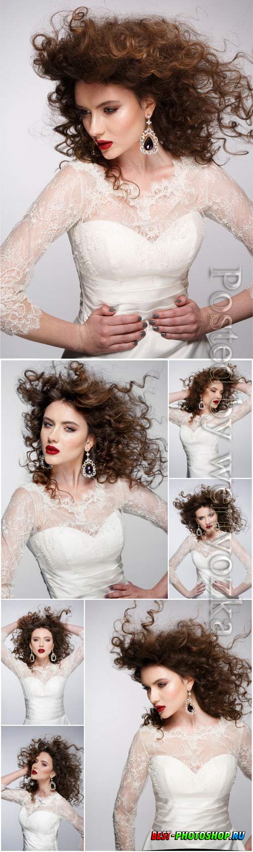 Luxurious girl in white wedding dress stock photo