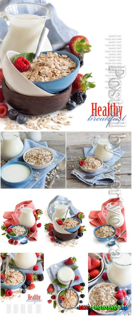 Healthy breakfast, milk and porridge with fruits stock photo