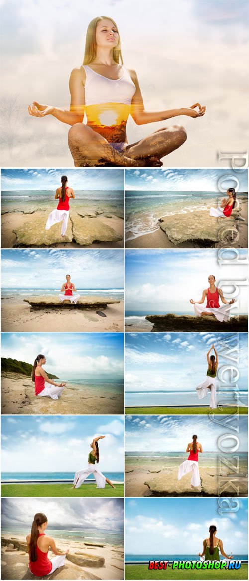 Yoga class by the sea stock photo
