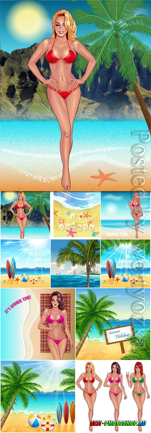 Summer vacation, sea, palm trees, cocktails in vector vol 17