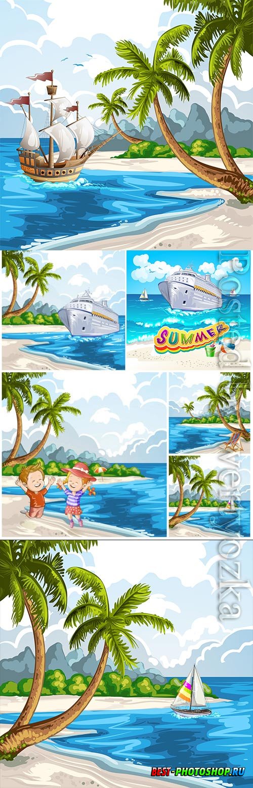 Summer vacation, sea, palm trees, cocktails in vector vol 15