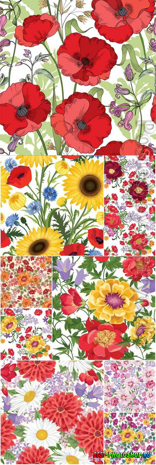 Floral seamless backgrounds, poppies, sunflowers in vector