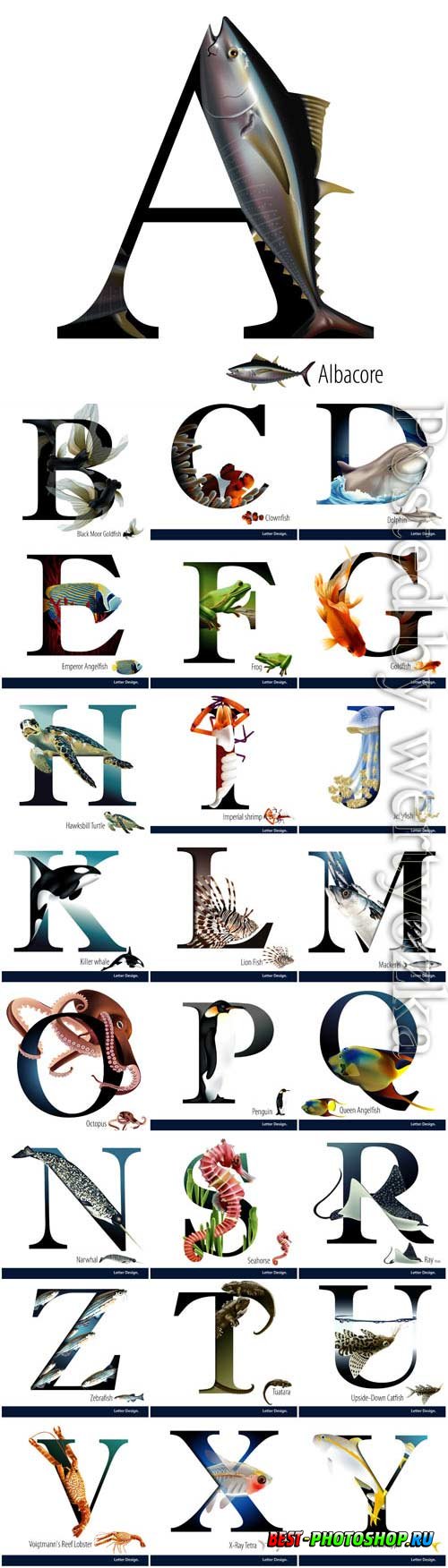Alphabet with marine life in vector