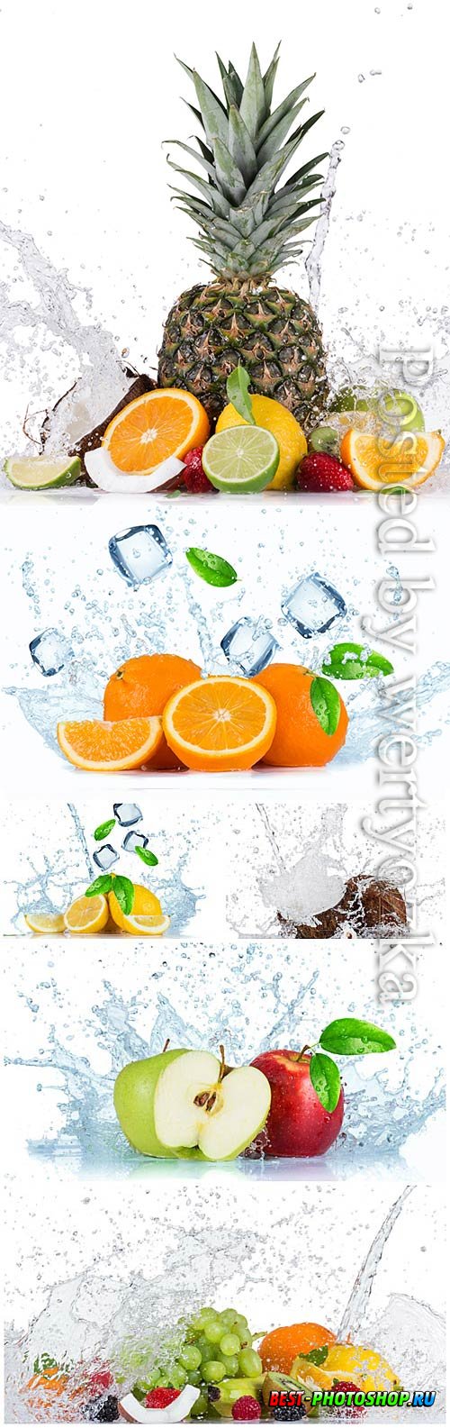 Fruits and berries with slices of lbda and splashing water stock photo