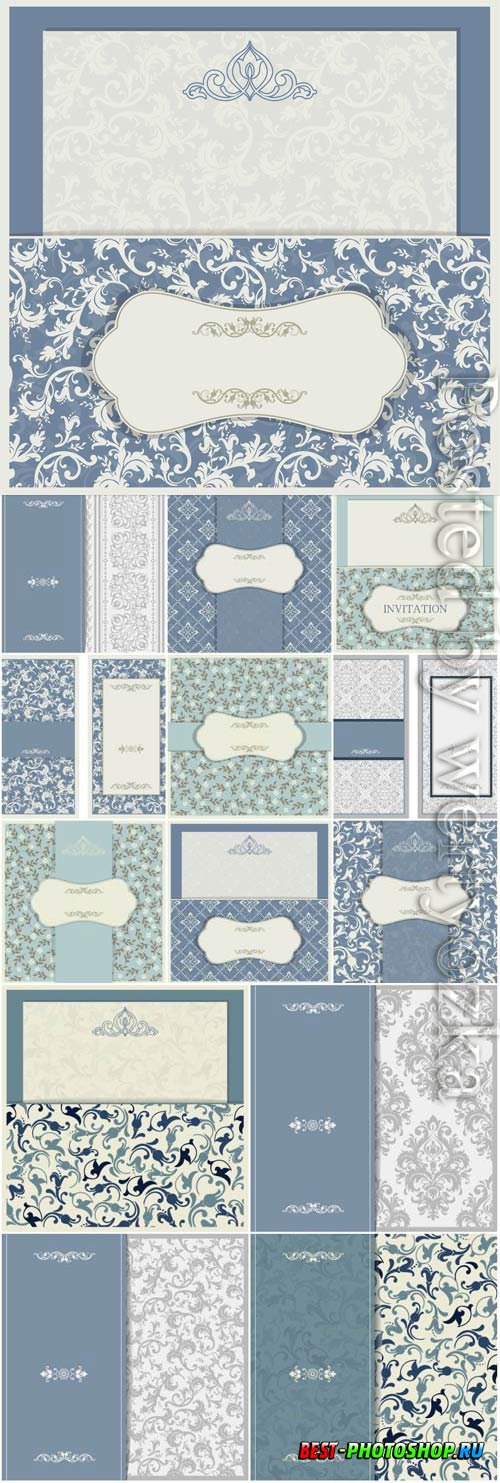 Wedding invitation cards with blue patterns in vector