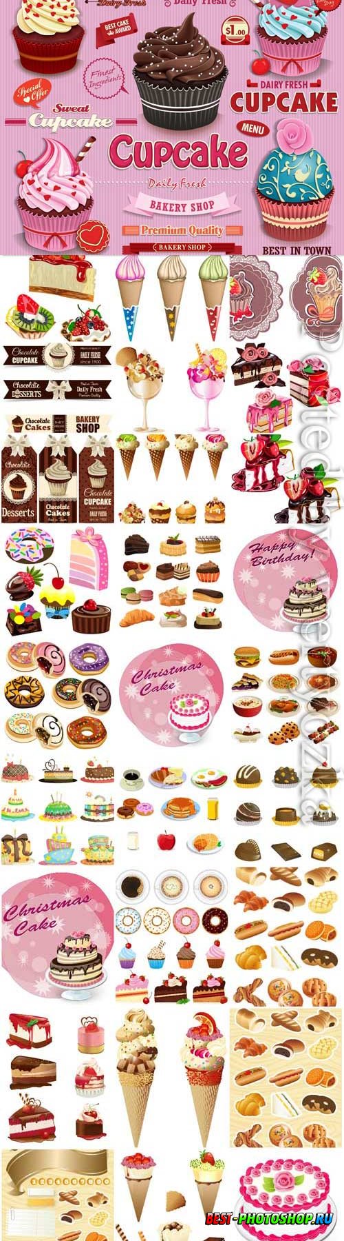 Desserts, ice cream cakes and various sweets in vector