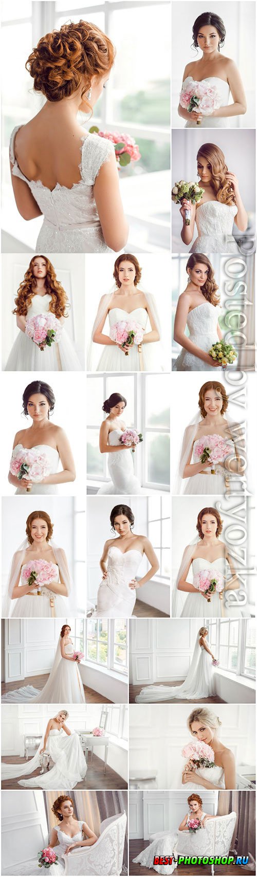 Lovely brides in luxurious dresses stock photo