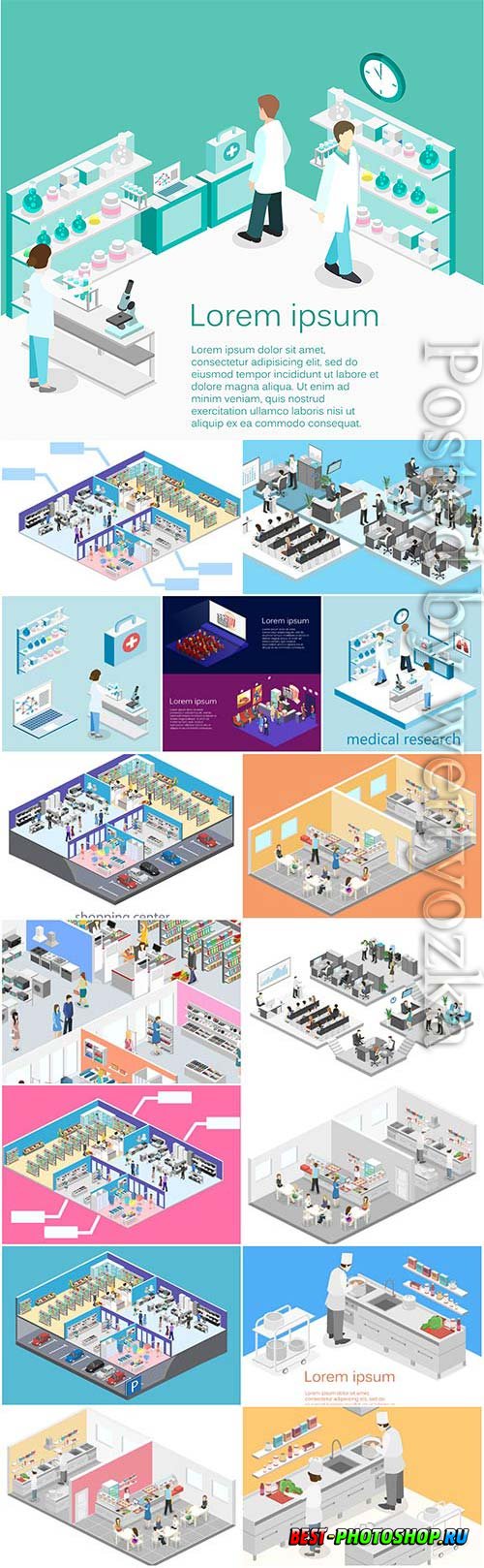 Isometric set of illustrations in vector