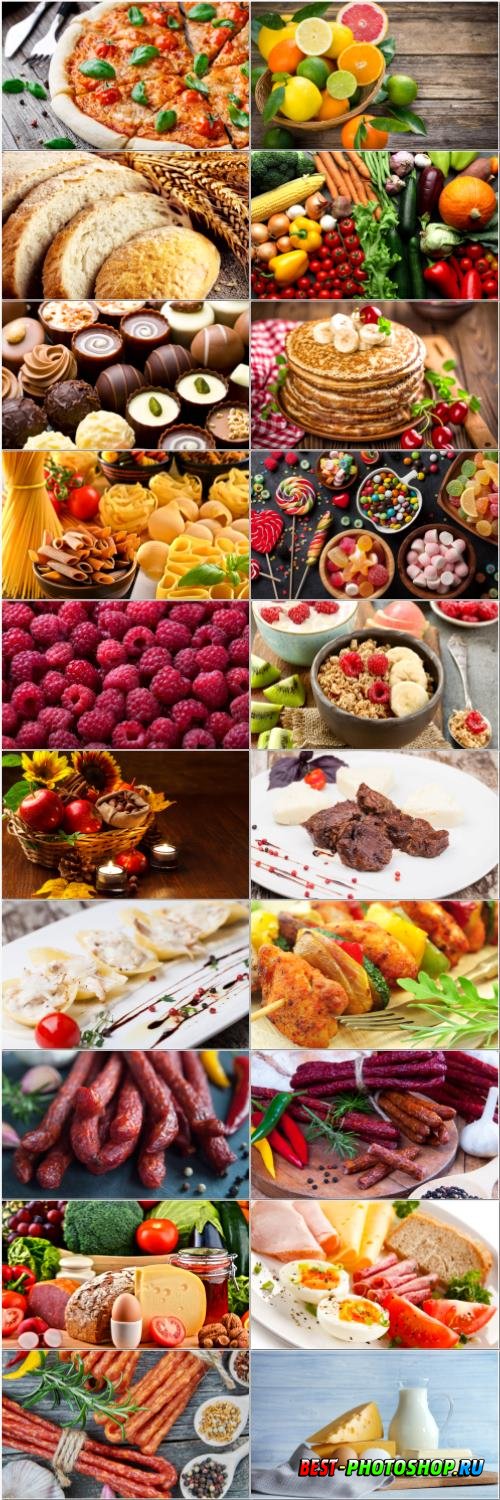 Desserts, meat, fruits, vegetables, dairy products - set stock photo