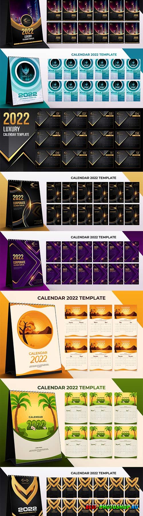 2022 desk calendar corporate template set of 12 months with black gold color background premium vector