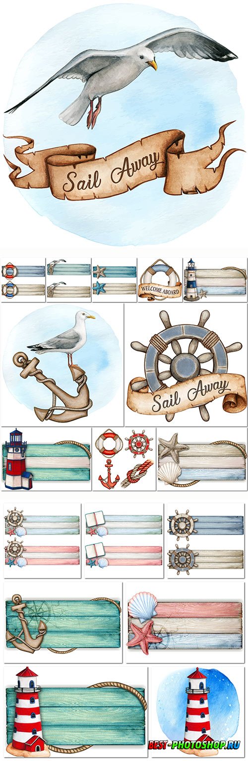 Watercolor wooden nautical vintage banner and elements in vector