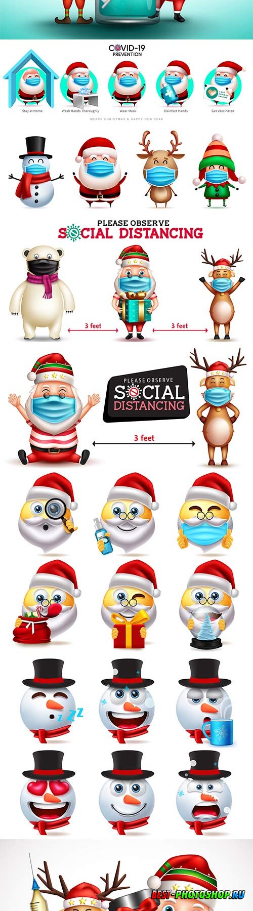 Christmas vaccine vector design christmas 3d santa claus and elf characters vector